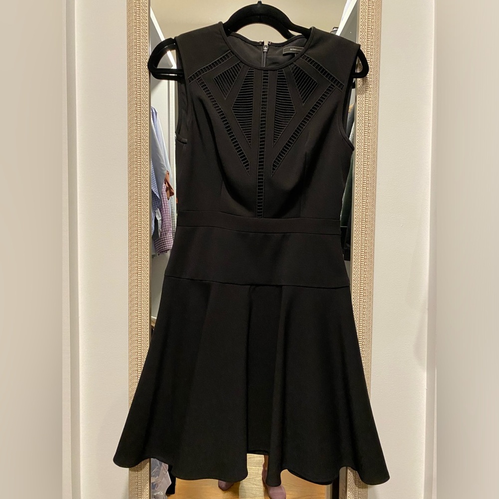 bcbgmaxazria fit and flare black dress, size 4
